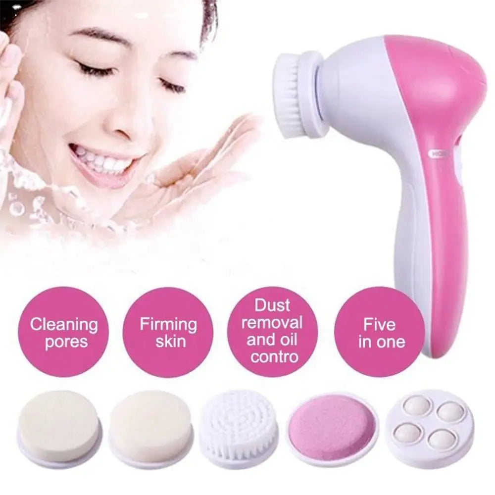 Electric Facial Cleaner 5 IN 1 Face Cleansing Brush Wash Machine Spa Skin Care Massager Blackhead Cleaning Facial Cleanser Tools - Curl and Collar