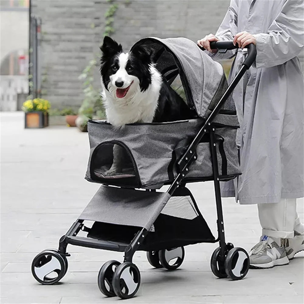 Pet Dog Stroller Foldable Travel Carrier Strolling Cart Cat Dog Pushchair Jogger Dog Pram Cat Buggy with 4 Wheels and Rain Cover - Curl and Collar