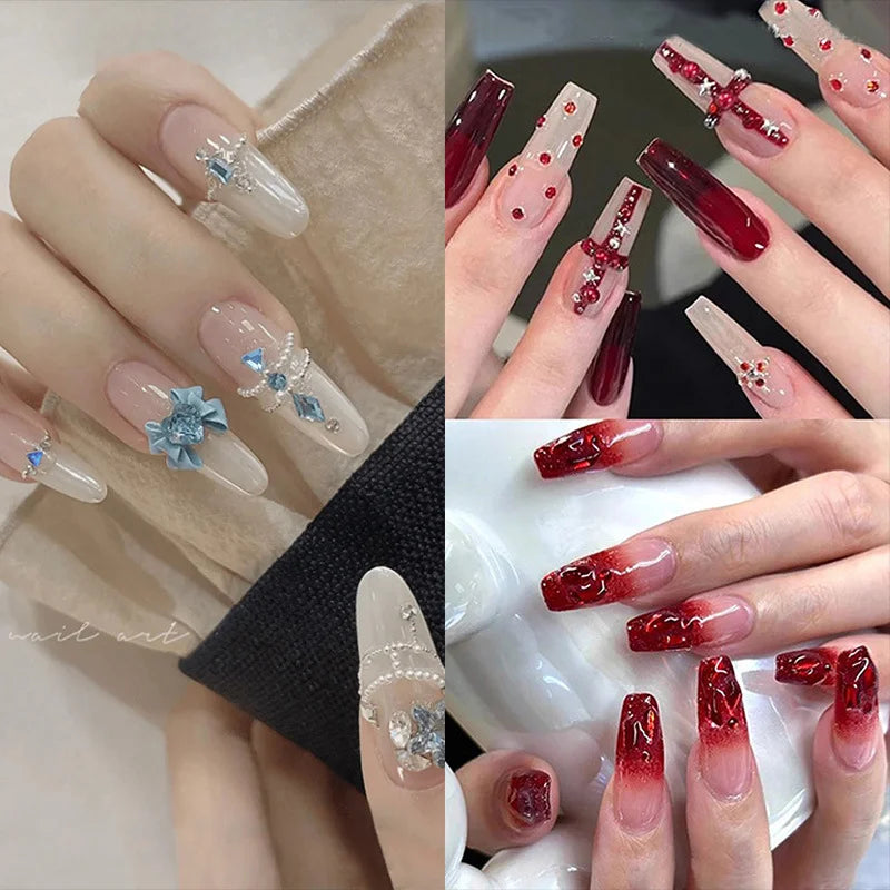 12-pack box of nail accessories: flat-bottom rhinestones, decorative nail embellishments, assorted small components, colorful nail stickers with rhinestones. - Curl and Collar