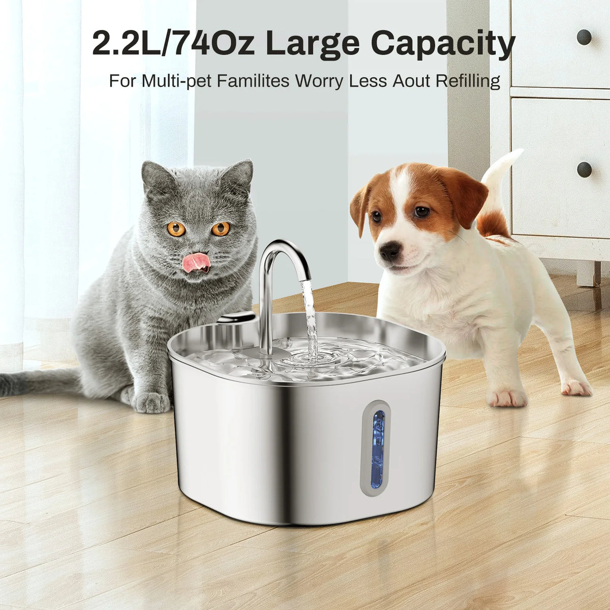 ZYFeeder 2.2L Automatic Cat Water Fountain Square Stainless Steel Pet Water Feeder Dog Water Fountain with window（No 5V 1A Plug） - Curl and Collar