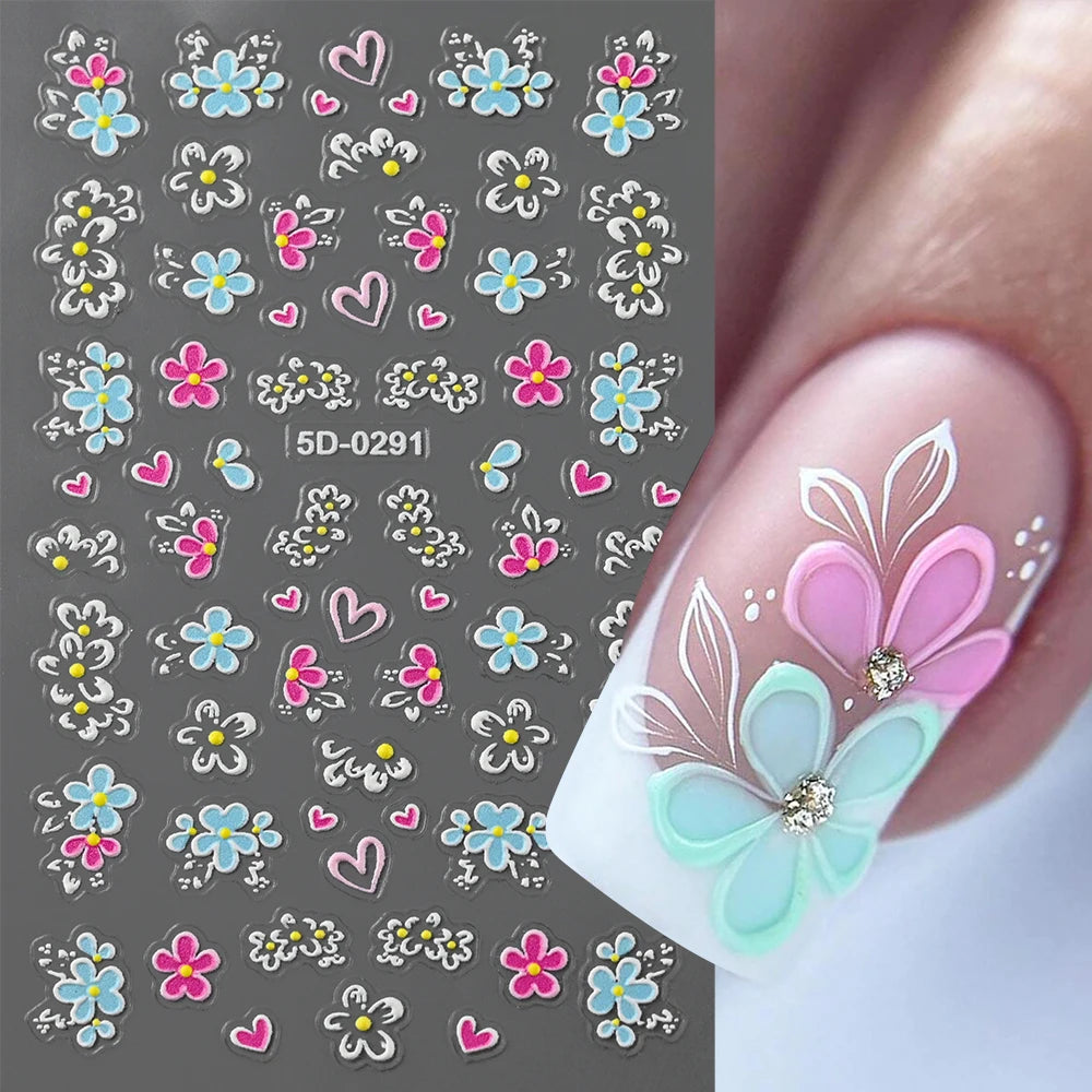5D Pink Blue Floral Nail Art Stickers Petals Leaf Plant Embossed Nail Decals Spring Summer Flower Design for DIY Nail Supplies - Curl and Collar