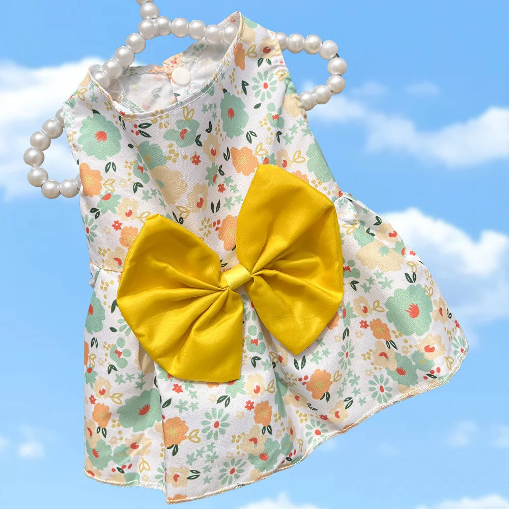 Puppy Summer Dress Dog Cat Princess Dress Pet Clothes for Small Medium Dogs Printed Bow Kitten Dog Skirt Yorkshire Teddy Apparel - Curl and Collar