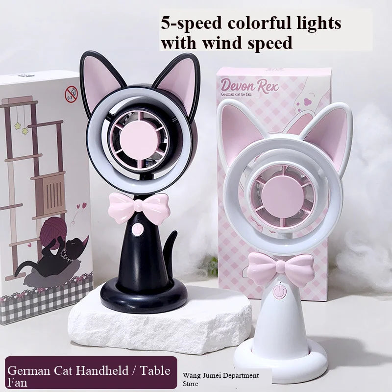 New Cat-Shaped Handheld Fan with Strong Wind, USB Charging, Suitable for Student Dormitories, Desktop Small Fan with Light - Curl and Collar