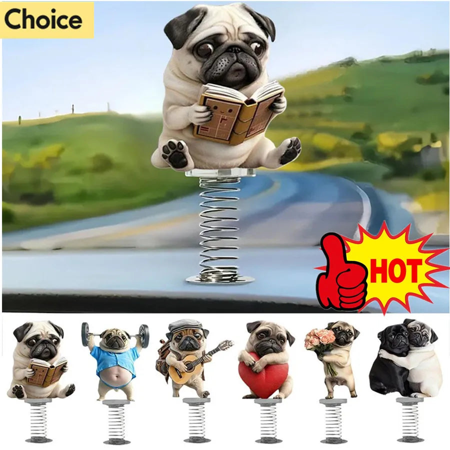 1Pcs Cute 2D Pug Car Ornaments Kawaii Reading Dog Car Panel Dashboard Spring Toys Decor Creative Accessories Gift - Curl and Collar