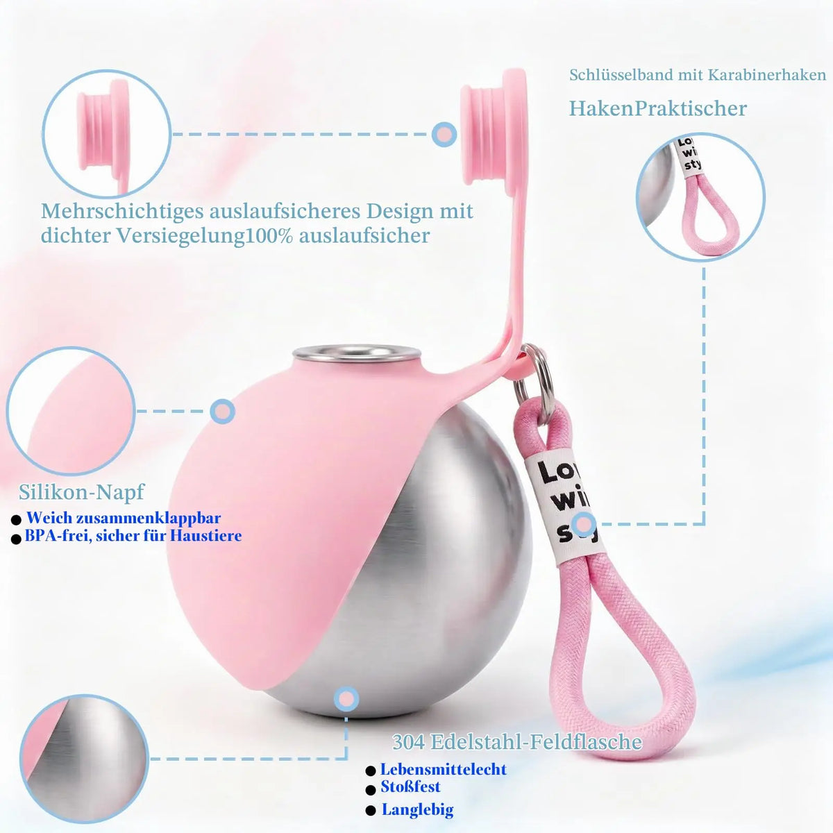 304 Stainless Steel Dog Water Bottle for Walking Pet Water Dispenser with Foldable Silicone Bowl Portable Dog Water Bottle Travel - Curl and Collar