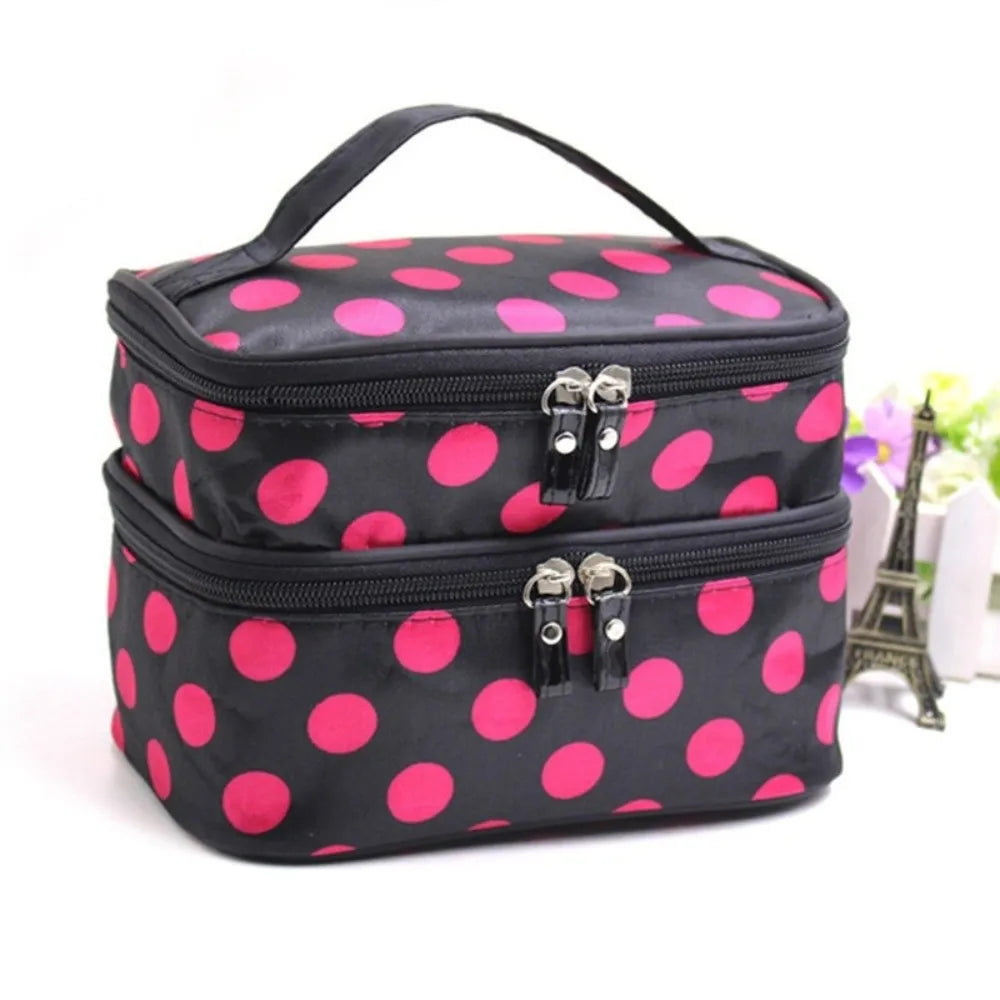 Fashion Double-layer Makeup Bag Polka Dots Portable Toiletry Bag Large Capacity Travel Makeup Case - Curl and Collar
