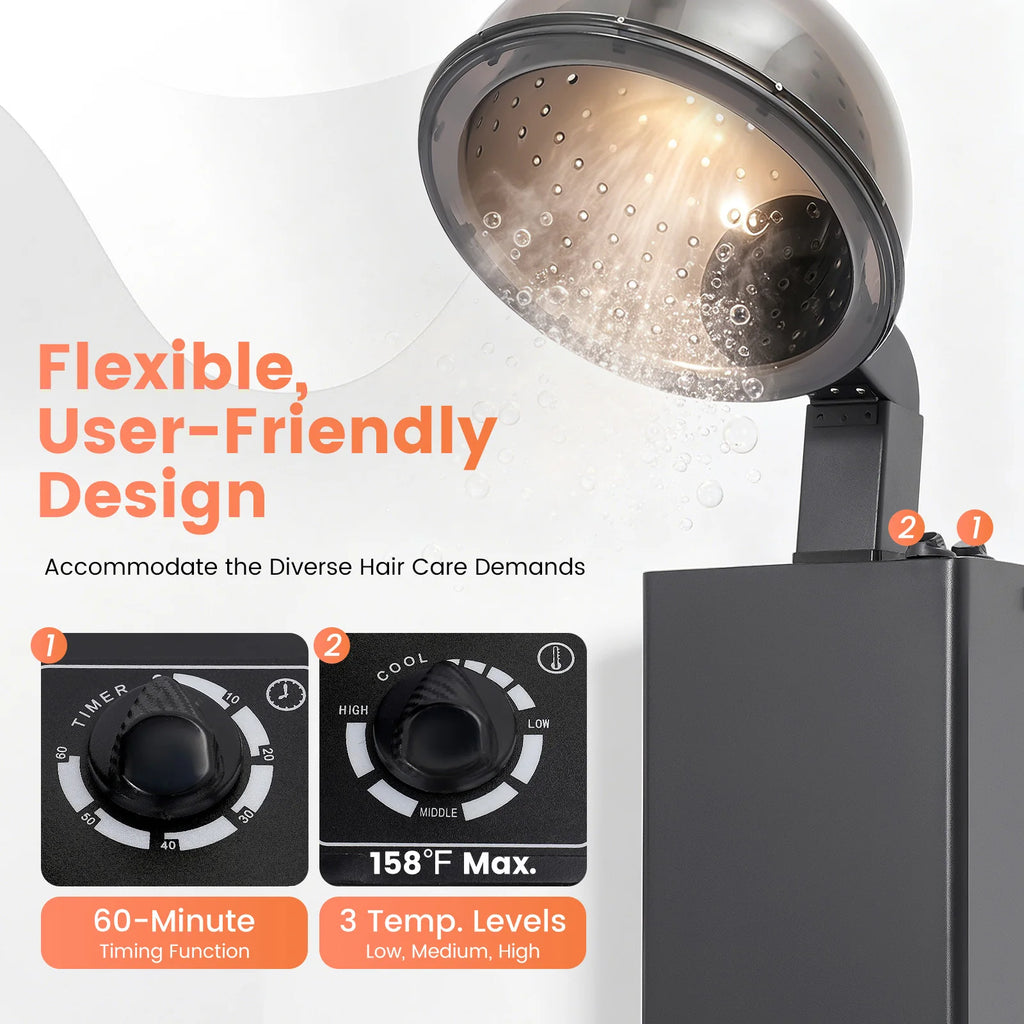1200W Freestanding Salon Hair Dryer Accelerator 110V US Plug 3 Temp 60min Timer Overheat Protection Rolling Wheel 85° Adjustable Hood - Curl and Collar