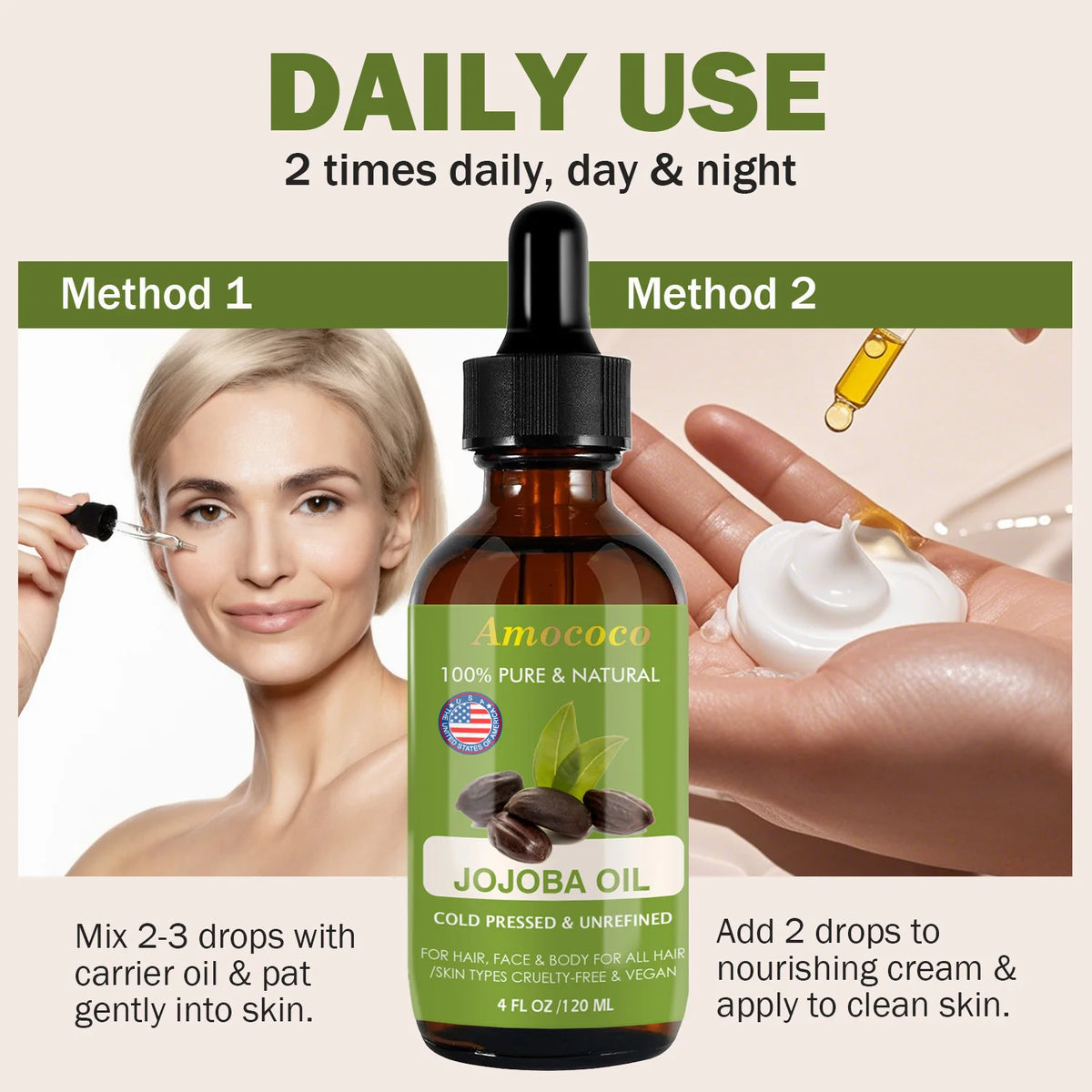 Amococo 2pcs Jojoba Oil and Rosehip Oil Natural Face Oil for Skin and Hair Cold Pressed Body Oil Moisturizing Care Lightweight Beauty Oil for All Skin Types Vegan Skin Care Oil 120ml Each - Curl and Collar
