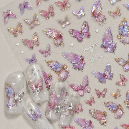 1pcs 5D Luxury Kawaii Butterfly Nail Stickers Japanese Glitter Shell Aurora Nail Art Decorations Decals DIY Manicure Slider Foil - Curl and Collar