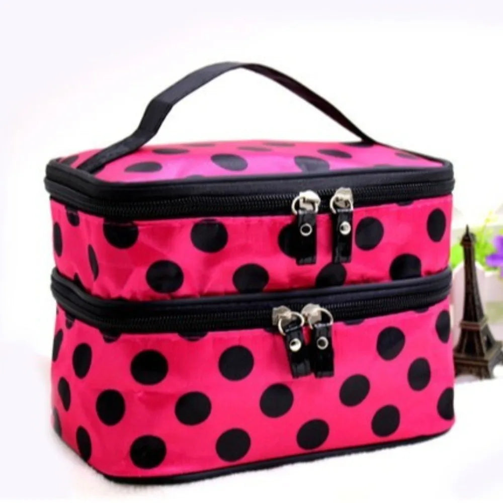 Fashion Double-layer Makeup Bag Polka Dots Portable Toiletry Bag Large Capacity Travel Makeup Case - Curl and Collar