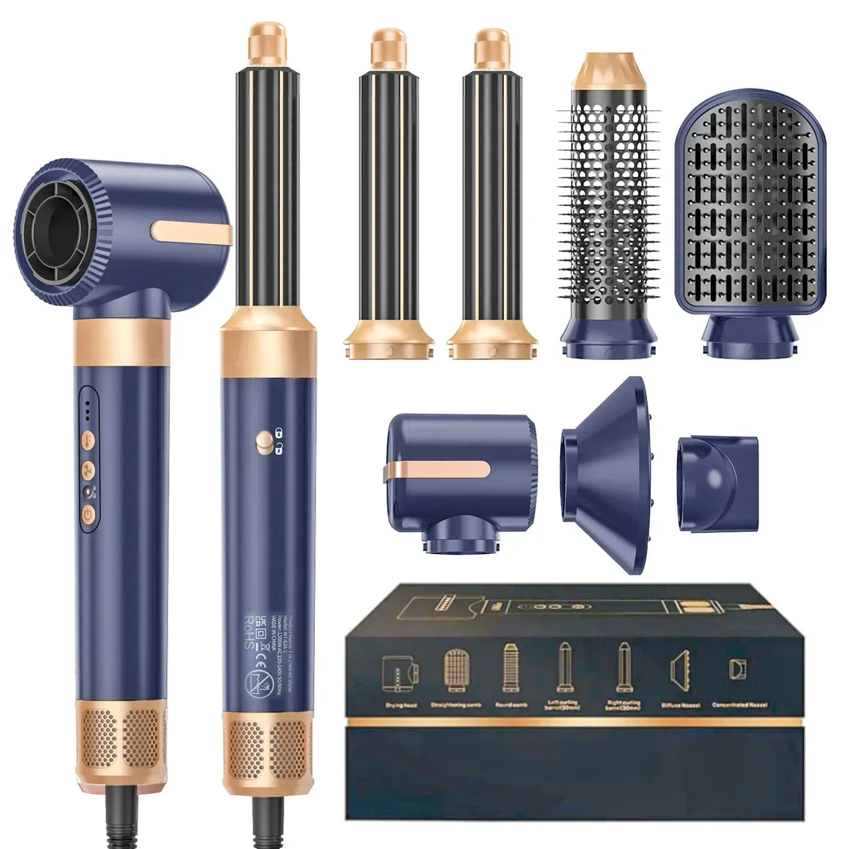 7 In 1 Hair Dryer Brush Brushless High Speed Hair Dryer with Diffuser Ionic Blow Dryer Hot Air Styling Comb Auto Hair Curler - Curl and Collar