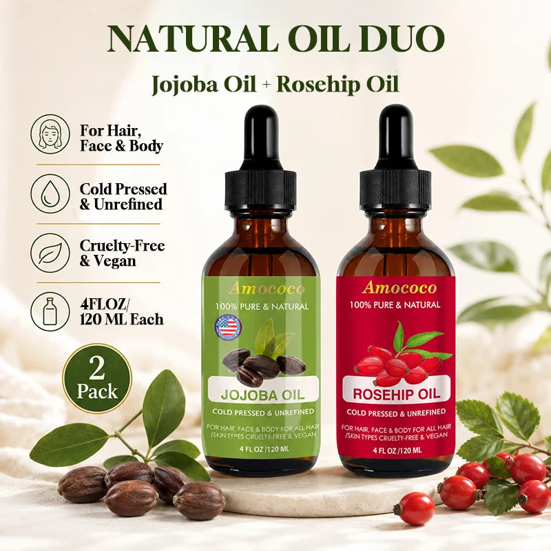 Amococo 2pcs Jojoba Oil and Rosehip Oil Natural Face Oil for Skin and Hair Cold Pressed Body Oil Moisturizing Care Lightweight Beauty Oil for All Skin Types Vegan Skin Care Oil 120ml Each - Curl and Collar