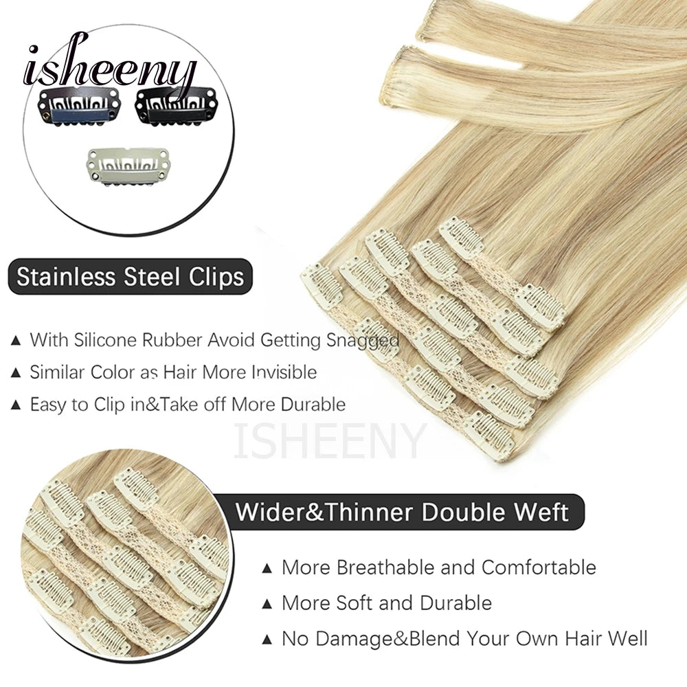 12"-20" Clip In Human Hair Extensions Blonde Natural Brazilian Remy Natural Clip Human Hair Extension Real Clip On 7pcs/set - Curl and Collar