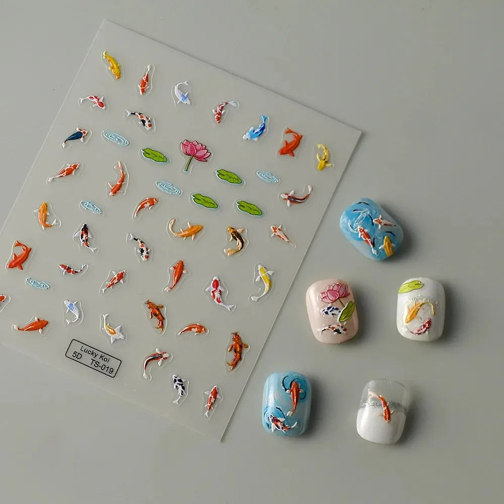 5D Koi Carp Nail Sticker Green Lotus Kawaii Red Carp Nail Slider for Manicure Relief DIY Acrylic Nails Fish Accessories Decal - Curl and Collar