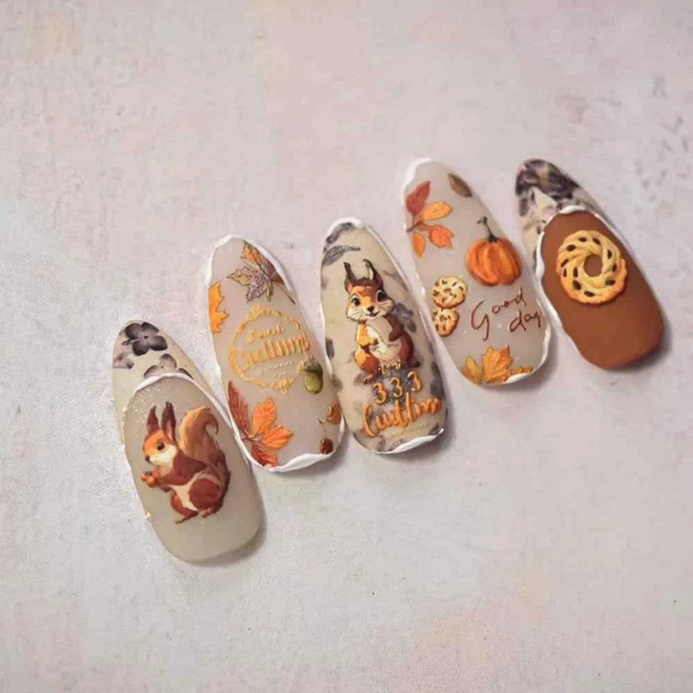 Fall Nail Art Stickers 5D Embossed Cute Decals Autumn Squirrel Pine Cones Fallen Leaves Design Self-Adhesive Manicure Stickers
