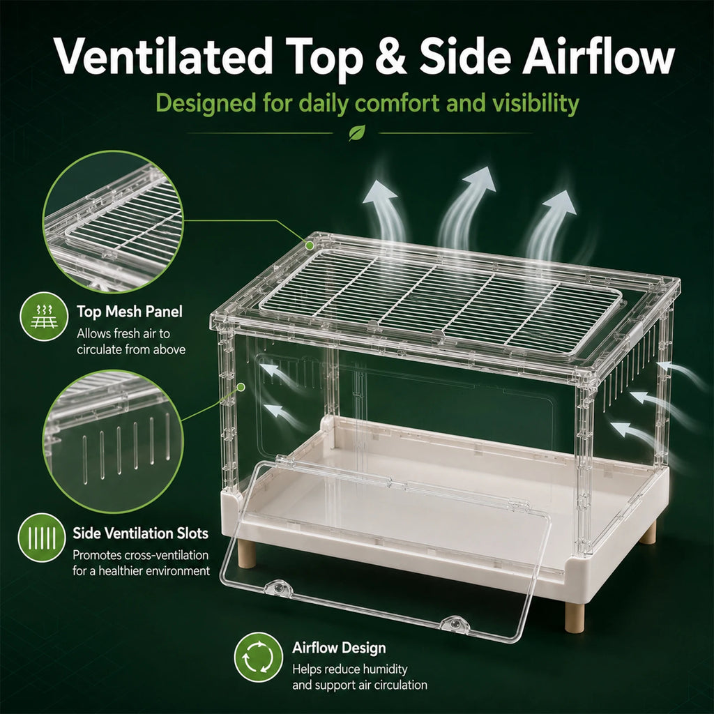 Foldable Acrylic Reptile Terrarium, Clear Ventilation Habitat Cage with Front Opening Door, Portable Collapsible Terrarium Box for Pets, Suitable for Frogs, Amphibians, Reptilians, Arachnids, Tortoises, Hamsters and Small Ani - Curl and Collar