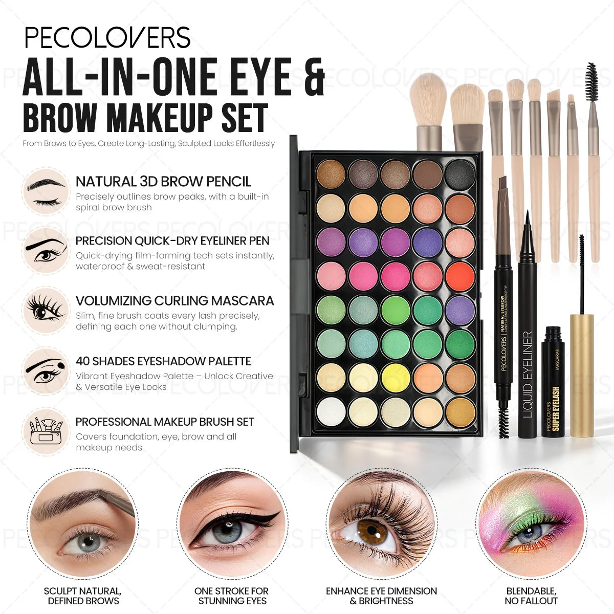 12PCS All-in-One Eye & Brow Makeup Set, 40 Shades Vibrant Color Eyeshadow Palette, Natural 3D Eyebrow Pencil, Quick-Dry Liquid Eyeliner, Volumizing Curling Mascara with Makeup Brushes, Waterproof Sweat-proof, Blendable Matte - Curl and Collar