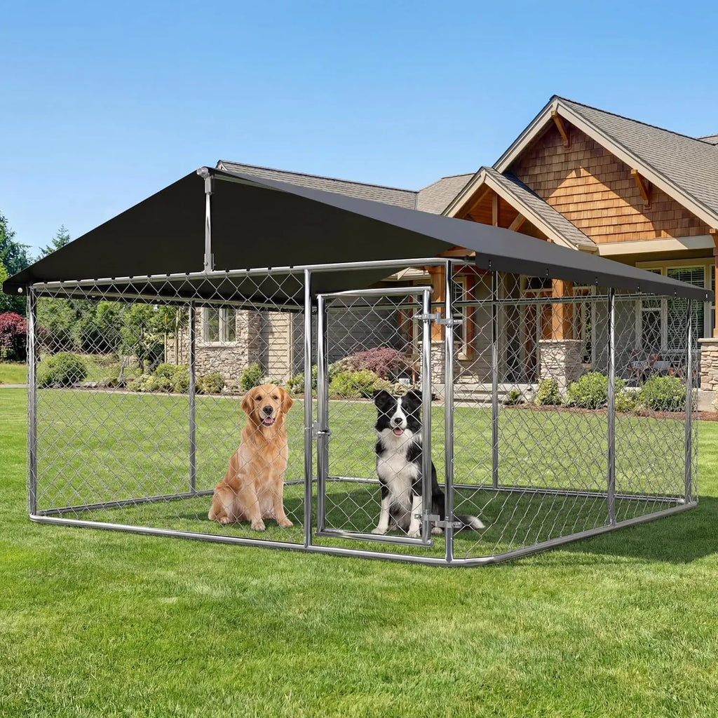 Outdoor Dog Enclosure Heavy Duty Dog Kennel House Mesh Dog Big Cage Pet Kennel Steel Fence with Secure Lock(6.56'x 6.56') - Curl and Collar