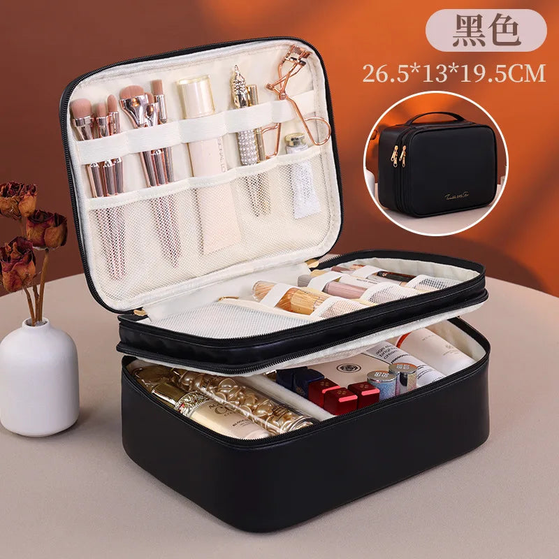 Multiple Compartments Large Capacity Cosmetic Organizer Case Portable Travel Toiletry Bag Double Layer Detachable Makeup Bag - Curl and Collar