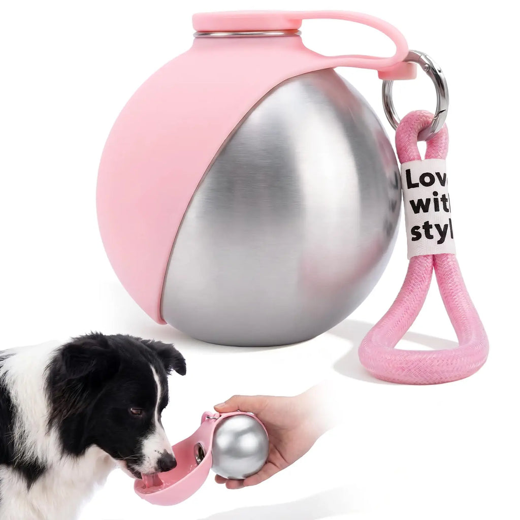 304 Stainless Steel Dog Water Bottle for Walking Pet Water Dispenser with Foldable Silicone Bowl Portable Dog Water Bottle Travel - Curl and Collar