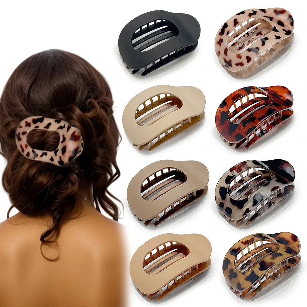 Fashion Oval Hair Claw Clip for Women New Design Leopard Matte Curved Flat Styling Barrettes Acrylic Lying Down Hair Accessories - Curl and Collar
