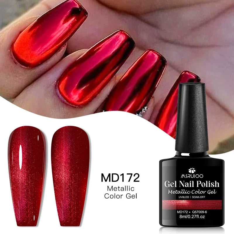 8ml Mirror Metallic Gel Nail Polish Red Gold Silver Mirror Chrome Effect Soak Off UV/LED Gel Varnish Nail Supplies Manicure DIY - Curl and Collar