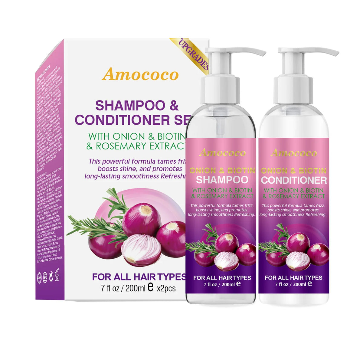 Amococo 2pcs X 200ml Shampoo and Conditioner Set with Onion Biotin Rosemary Hair Care Duo for All Hair Types Frizz Control Shine Boosting Sulfate Free - Curl and Collar
