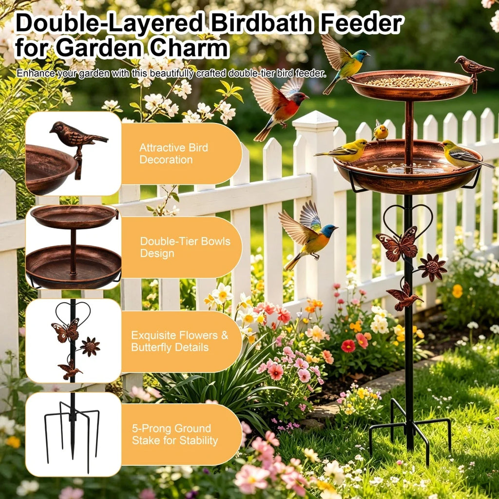 Outdoor Double-Layer Bird Feeder Birdbaths Bowl Freestanding Bird Bath Stand for Garden Yard Patio Decor with 5-Pronged Base - Curl and Collar