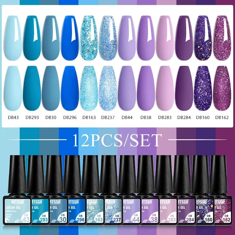MTSSII 12pcs Gel Nail Polish Set Nude Pink Red Glitter Semi Permanent Soak Off UV Gel Varnish Manicure Kit Nail Supplies DIY - Curl and Collar