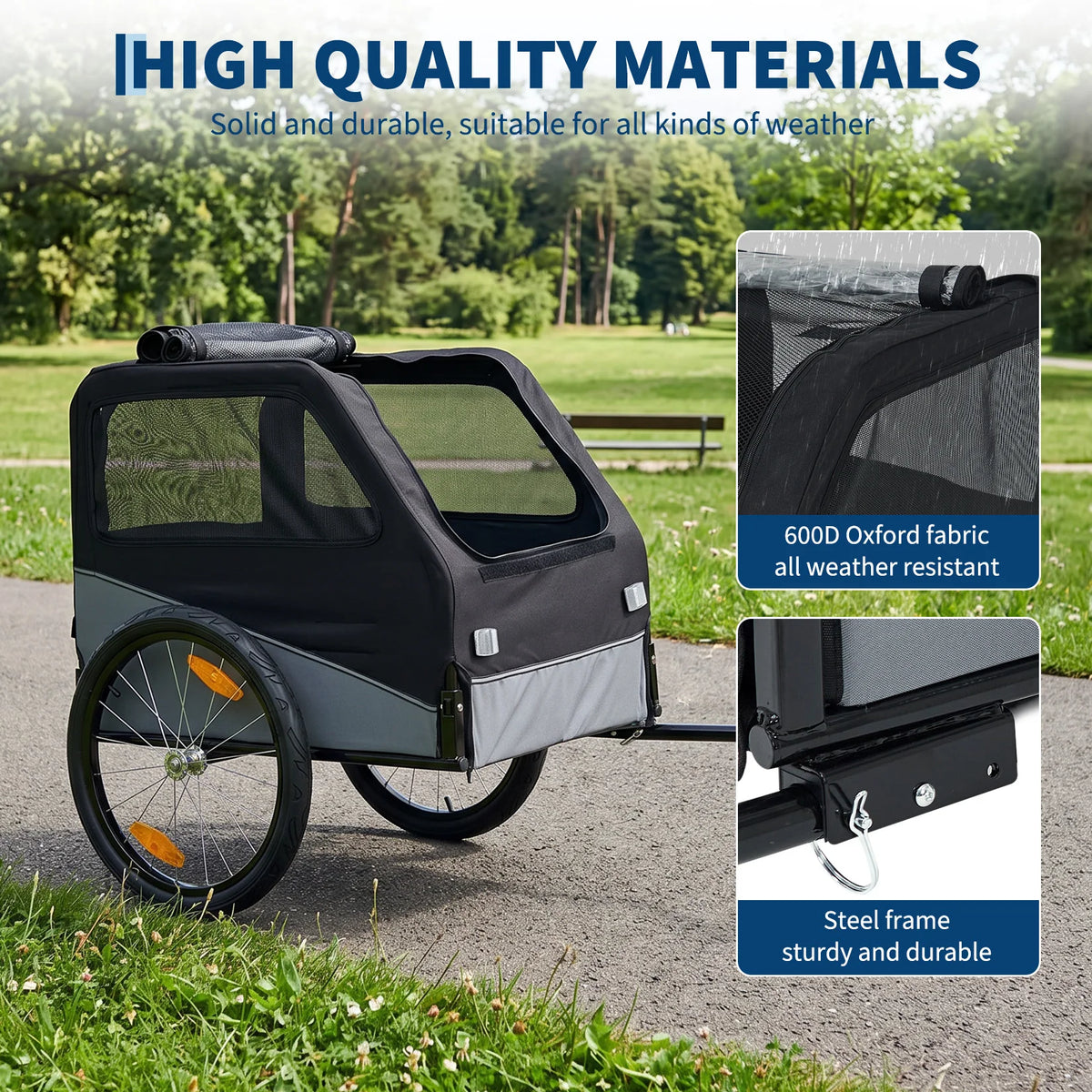Foldable Dog Bike Trailer, Heavy Duty Steel Frame Pet Bike Carrier, 100 LBS Capacity Oxford Fabric Dog Carrier Bicycle Trailer with Mesh Window Reflectors for Medium Large Dogs & Cats, Black - Curl and Collar