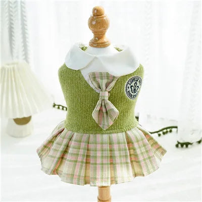 College Style Dog Dress for Small Dogs, Plaid Skirt, Pink,Blue,Green, Spring Dog Clothes, Cat, Chihuahua, XL - Curl and Collar