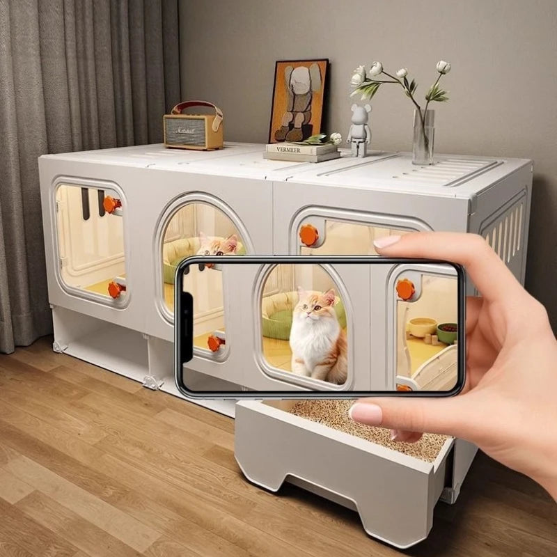 Large Cat House Transparent Drawer Cat Houses Habitats Partition Pet Cats Kitten Cage with Storage Room Kittens Enclosure Cages - Curl and Collar
