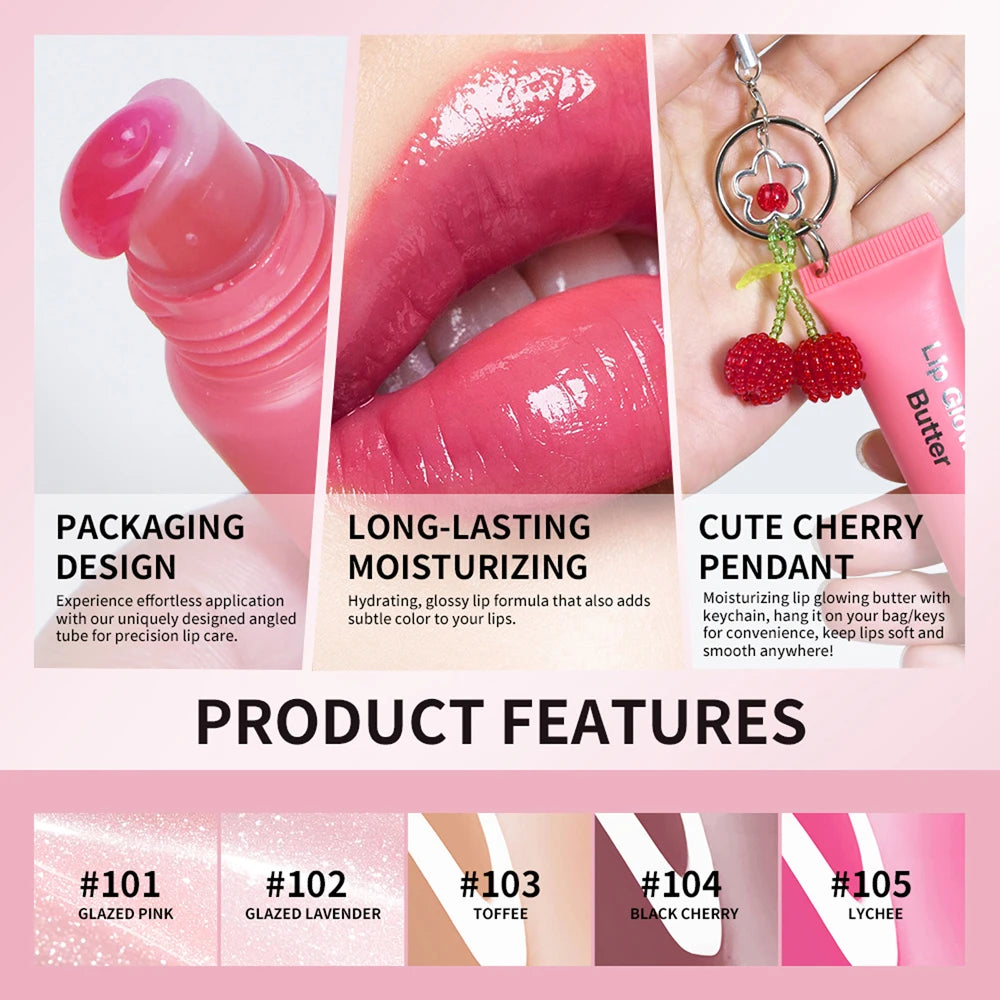 Lip Glowing Butter Lip Gloss With Cherry Pendant Moisturizing Shiny Plumping Lip Tint Hydrating Mirror Liquid Lipstick Long Lasting Lip Balm Makeup - Curl and Collar