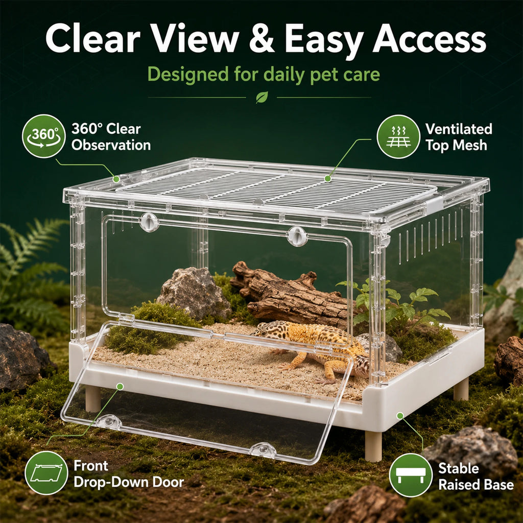 Foldable Acrylic Reptile Terrarium, Clear Ventilation Habitat Cage with Front Opening Door, Portable Collapsible Terrarium Box for Pets, Suitable for Frogs, Amphibians, Reptilians, Arachnids, Tortoises, Hamsters and Small Ani - Curl and Collar