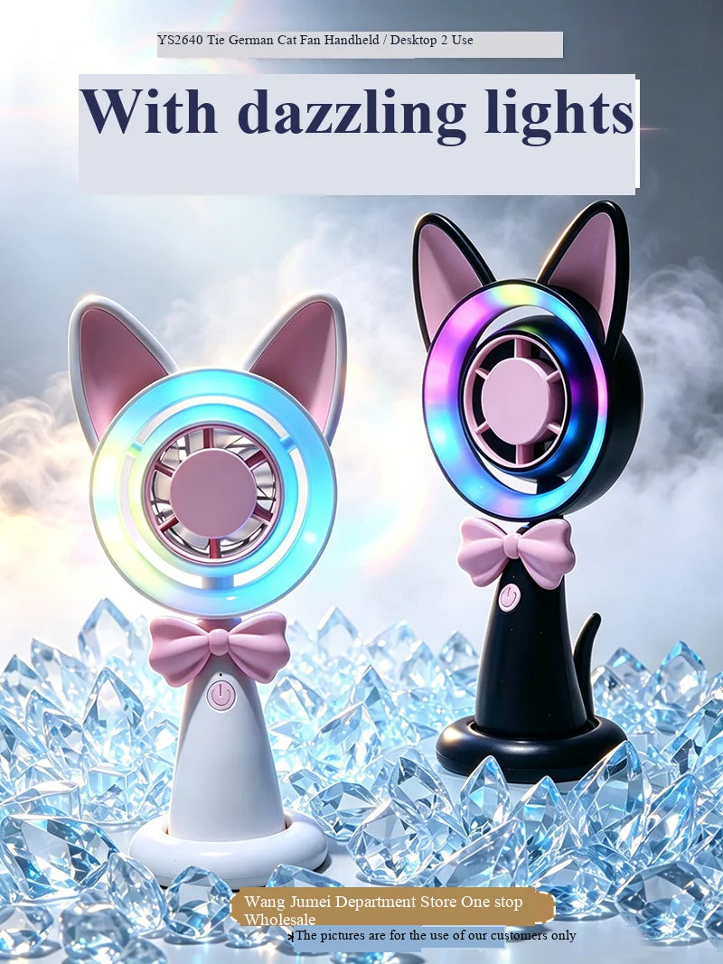New Cat-Shaped Handheld Fan with Strong Wind, USB Charging, Suitable for Student Dormitories, Desktop Small Fan with Light - Curl and Collar