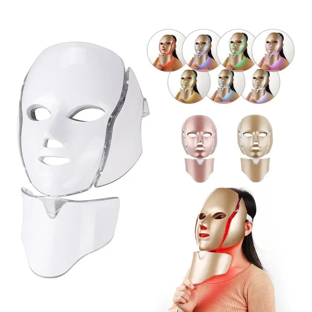 Foreverlily 7 Colors Light LED Facial Skin Care Mask With Neck Skin Rejuvenation Treatment Beauty Anti Acne Therapy Whitening - Curl and Collar