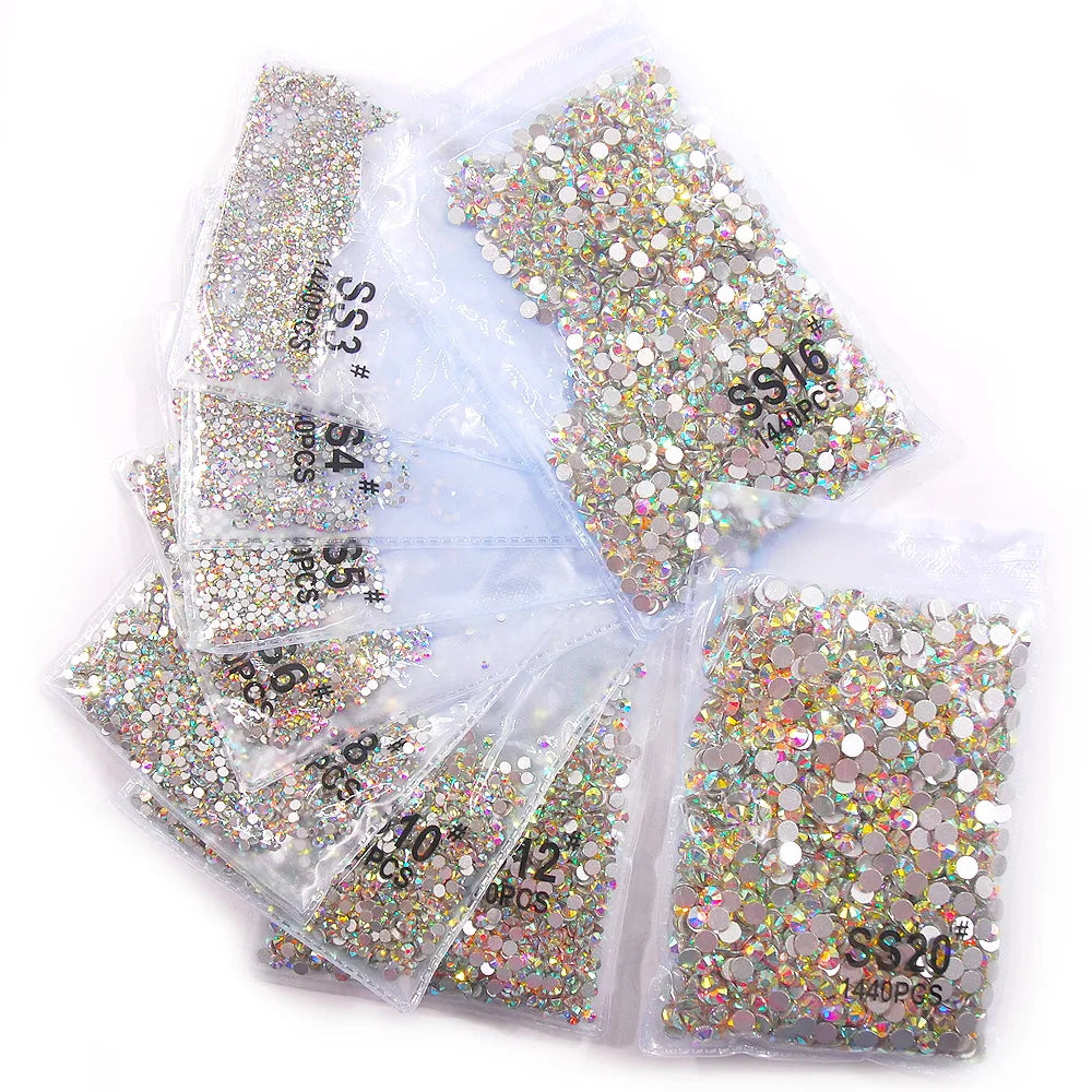 SS3-40 Clear White AB Crysta FlatBack Glass Rhinestones Non-HotFix for Nail Art Decorations Flat Back Crystal - Curl and Collar