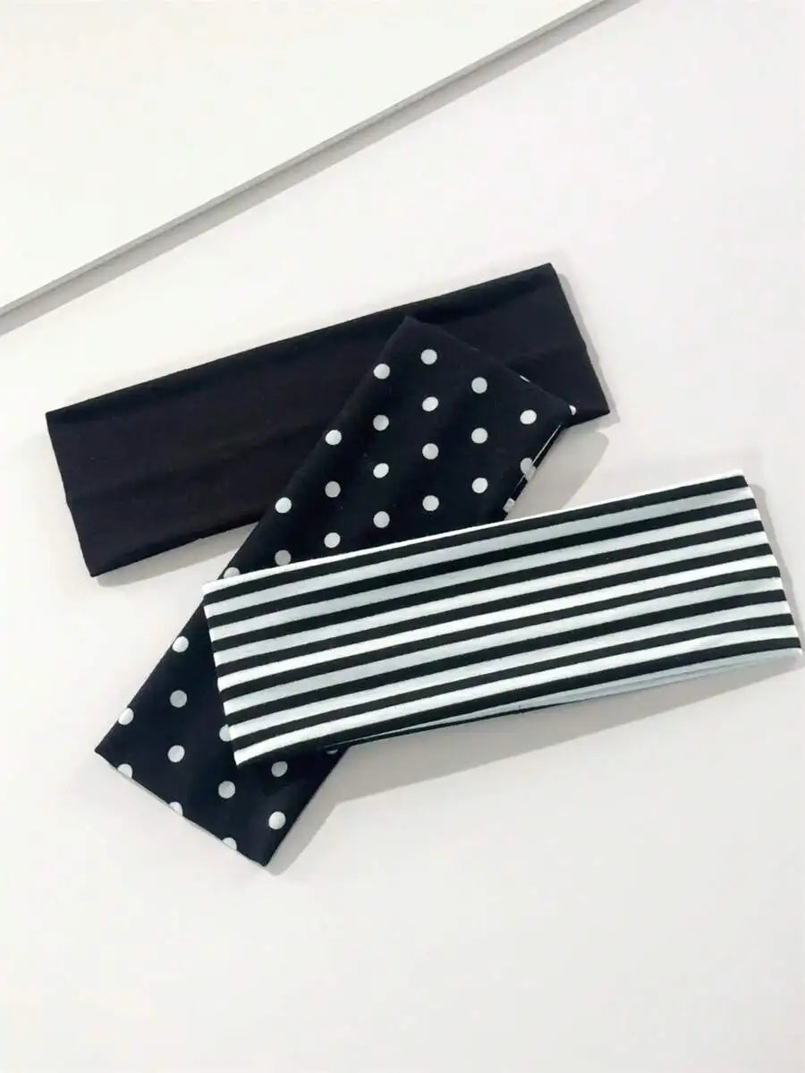 3pcs Unisex Elegant Polka Dot, Black & White Striped, Black Elastic Sports Headbands, Classic Simple Hair Accessories, Suitable - Curl and Collar