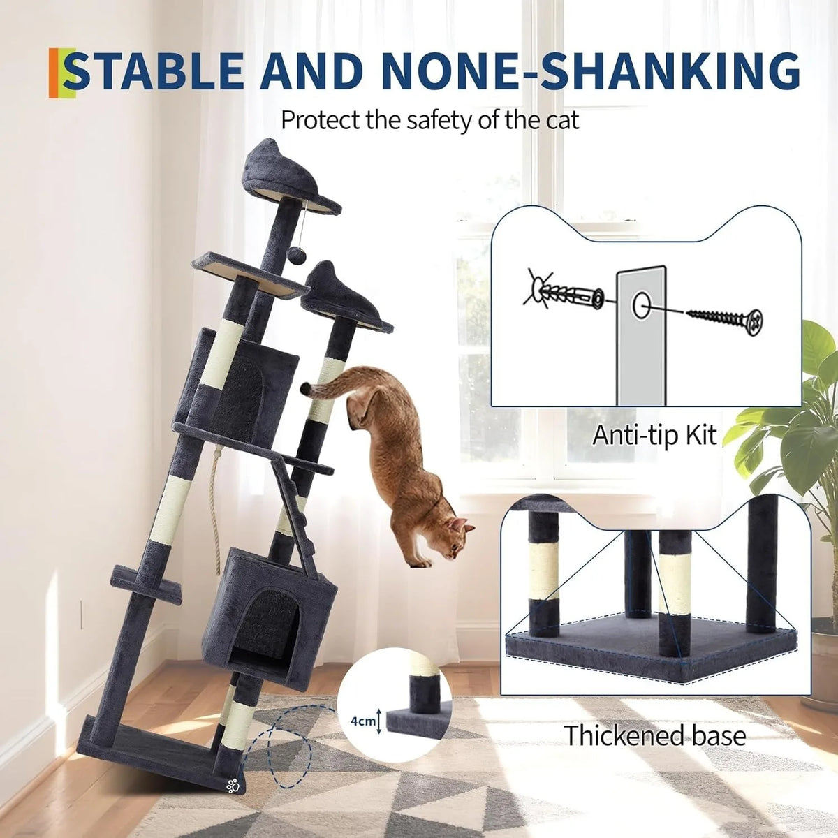 72" Cat Tree for Large Cats, Multi-Level Cat Tower with 6 Sisal Scratching Posts, 2 Condos, 3 Perches, Hammock & Dangling Toys, Sturdy Particle Board with Anti-Tip Kit, Dark Grey - Curl and Collar