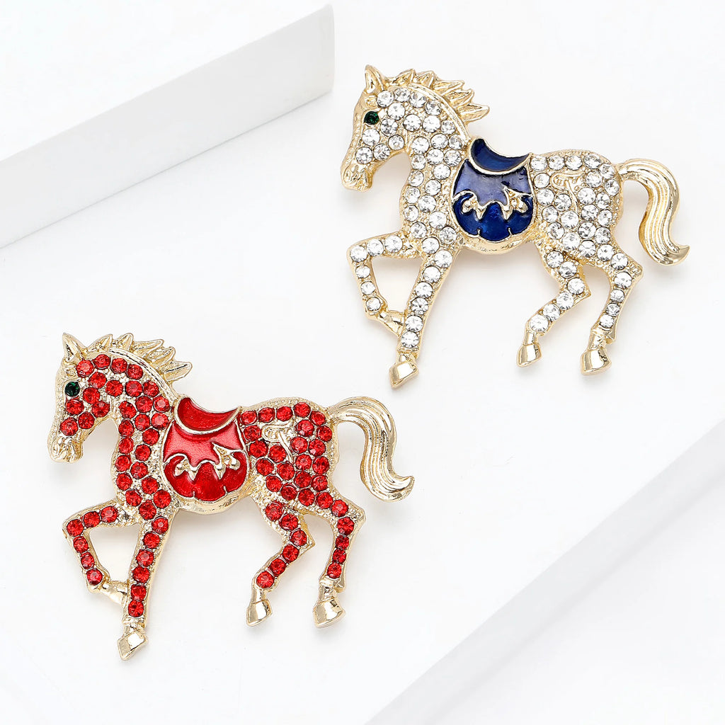 Classic Rhinestone Horse Brooches for Women Enamel Zodiac Animal Pins Office Party Friend New Year Gifts Jewelry Accessories - Curl and Collar