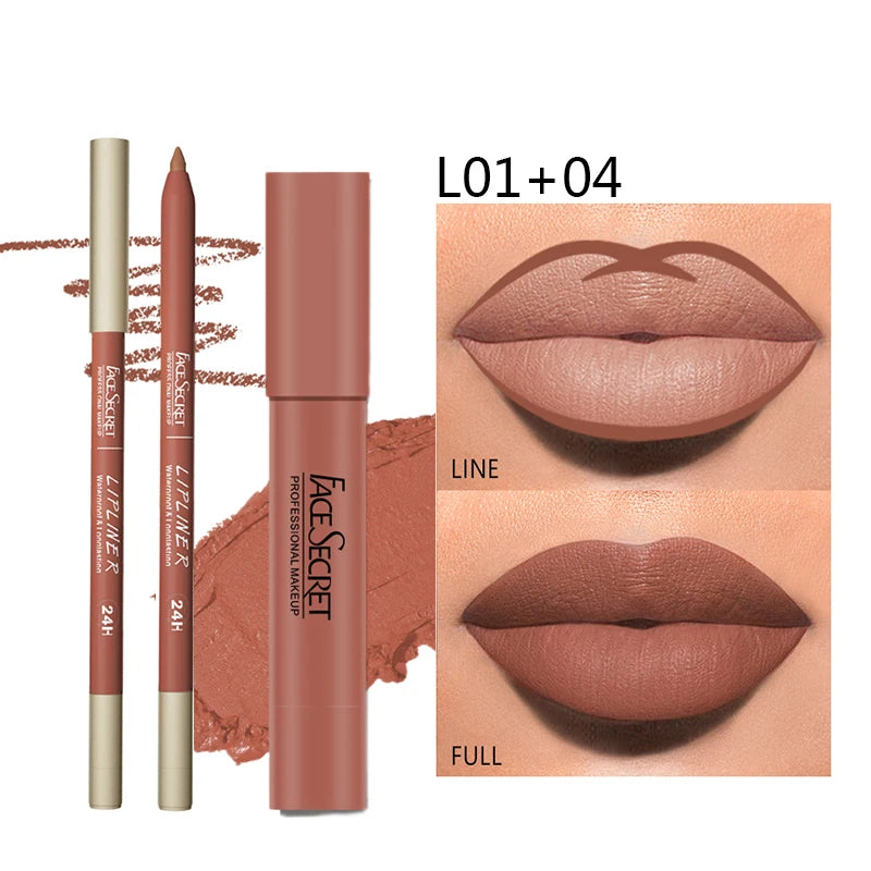 Matte Lipliner&Lipstick Set,Waterproof， Long Lasting Lip Makeup, Soft Matte Color Rendering,Women's Makeup Cosmetics - Curl and Collar
