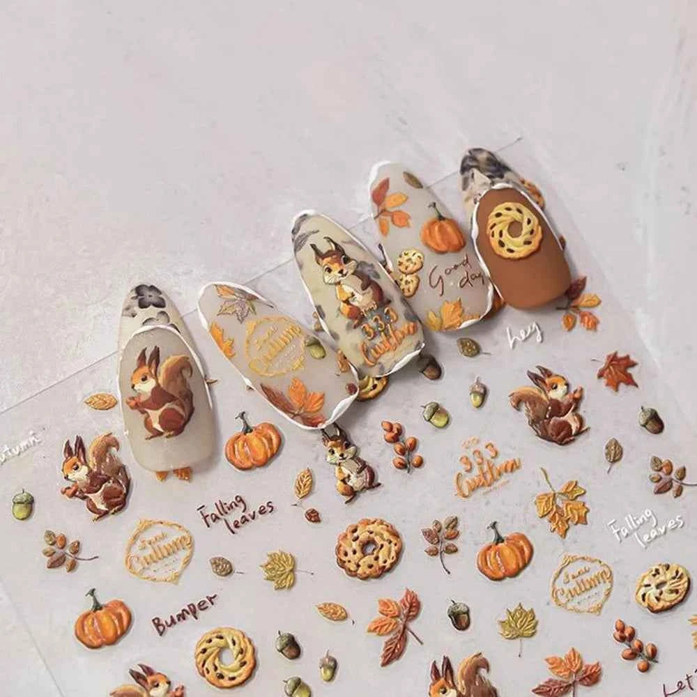 Fall Nail Art Stickers 5D Embossed Cute Decals Autumn Squirrel Pine Cones Fallen Leaves Design Self-Adhesive Manicure Stickers