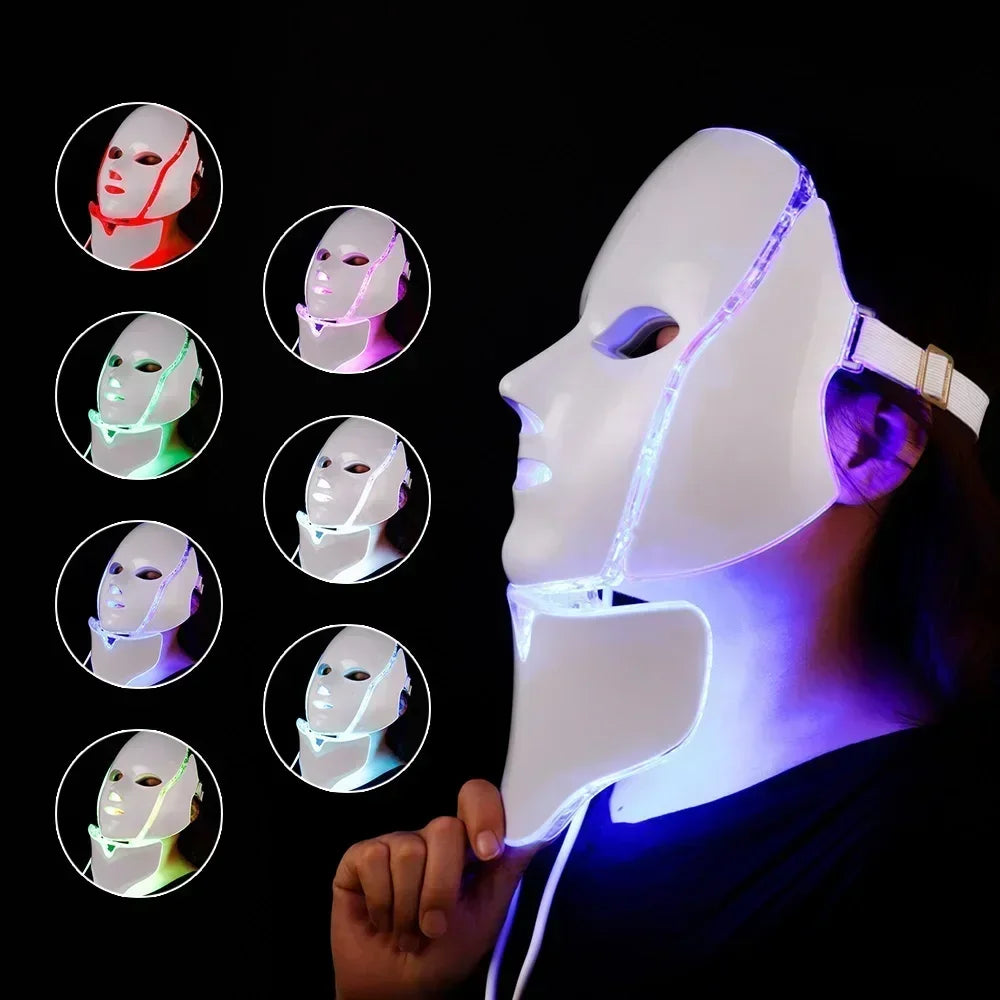 Foreverlily 7 Colors Light LED Facial Skin Care Mask With Neck Skin Rejuvenation Treatment Beauty Anti Acne Therapy Whitening - Curl and Collar