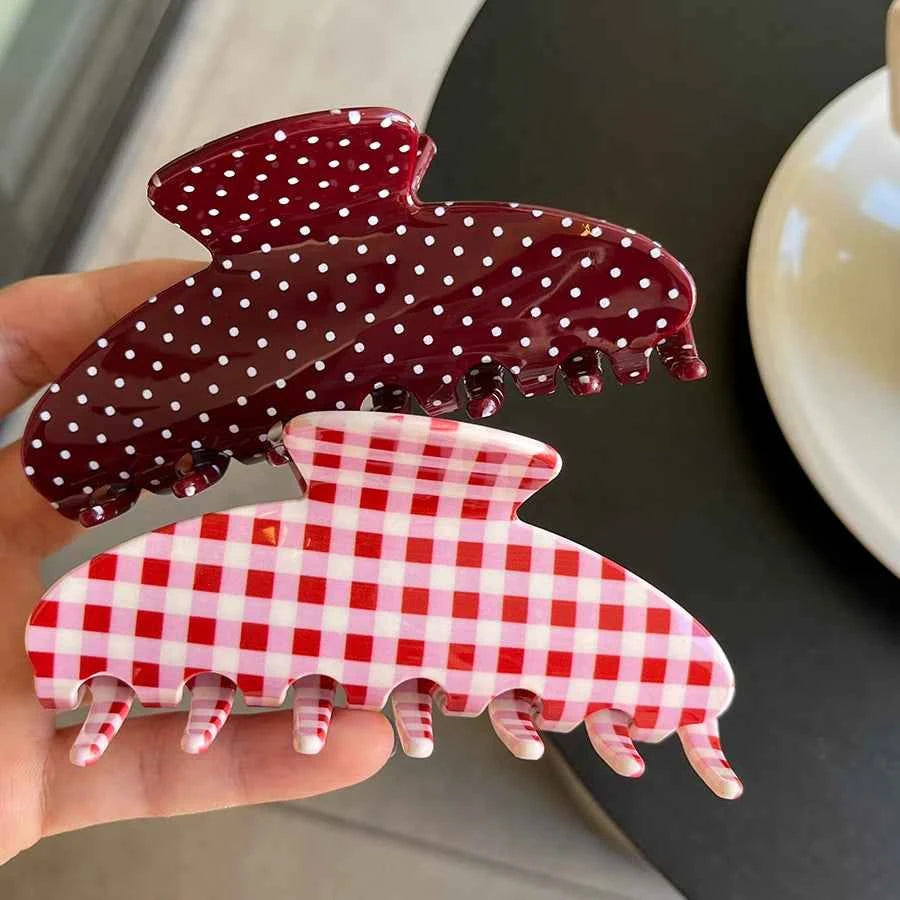 Fashion Large Hair Claw Clips for Women Girls Retro Checkered Polka Dot Strong Hold Non-slip Hair Accessories for Everyday Wear