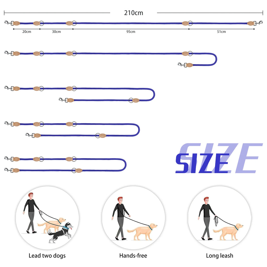 210cm Double Dog Leash – Adjustable Nylon Hands-Free Lead for Small & Medium Dogs - Curl and Collar