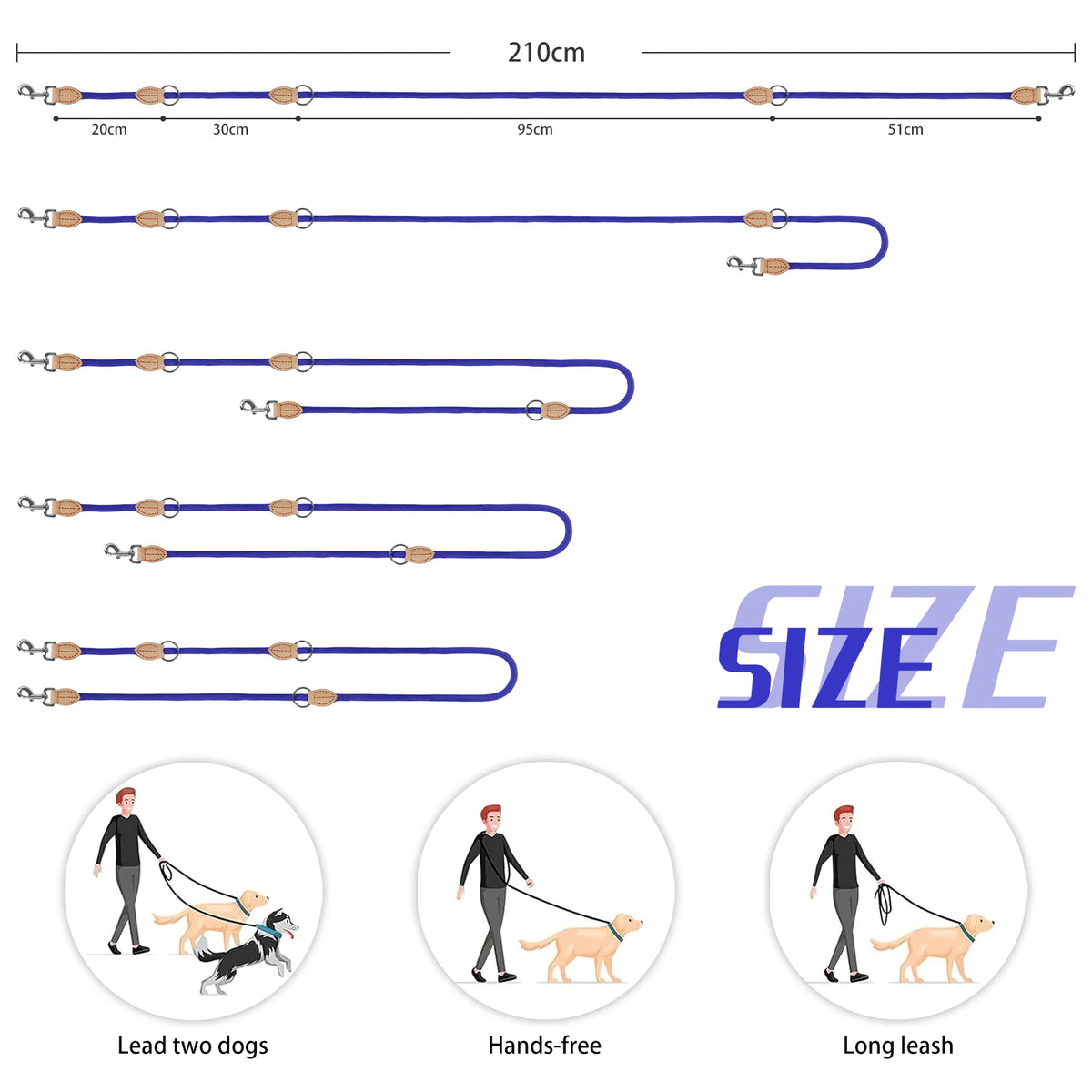210cm Double Dog Leash – Adjustable Nylon Hands-Free Lead for Small & Medium Dogs - Curl and Collar