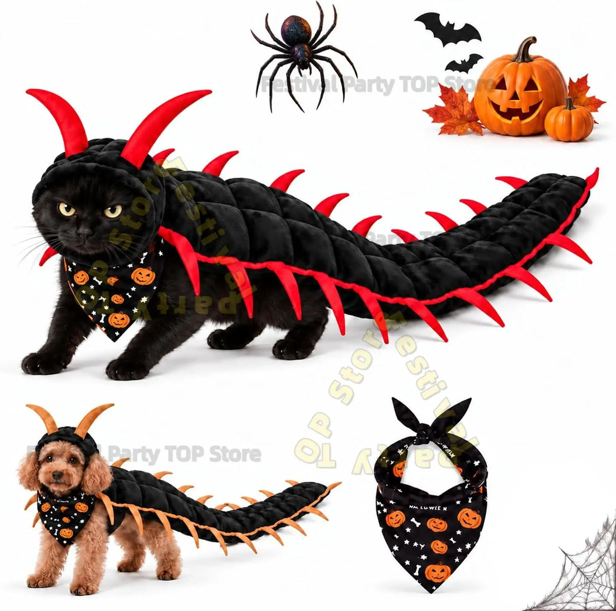 Halloween Centipede Pet Costumes for Cat & Dog 50'' 3D Cosplay Clothes,Halloween Themed Pet Wear Photo Prop for Outdoor - Curl and Collar