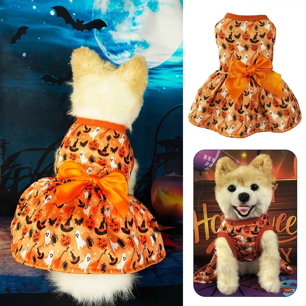 Halloween Dog Clothes Dresses For Dogs Bowknot Pumpkin Bat Print Puppy Dress Summer Sleeveless Party Dress Costume for halloween - Curl and Collar
