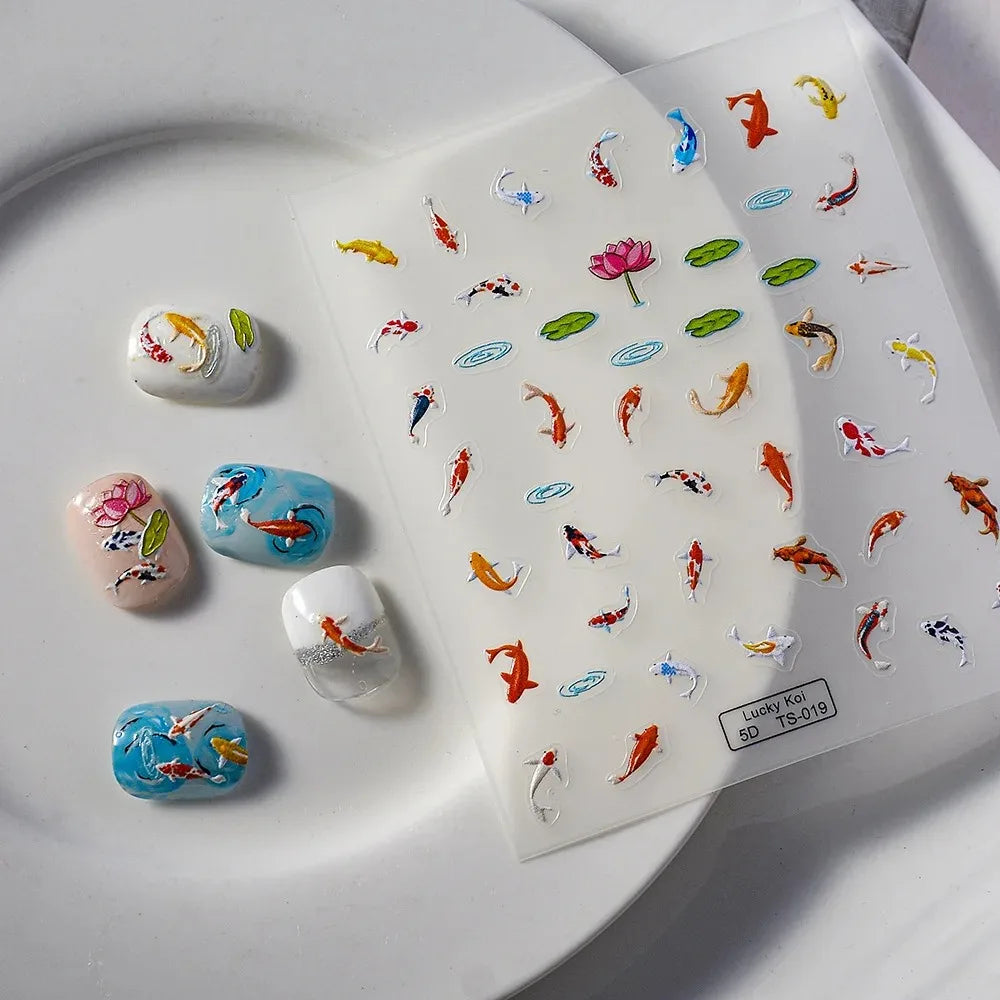 5D Koi Carp Nail Sticker Green Lotus Kawaii Red Carp Nail Slider for Manicure Relief DIY Acrylic Nails Fish Accessories Decal - Curl and Collar