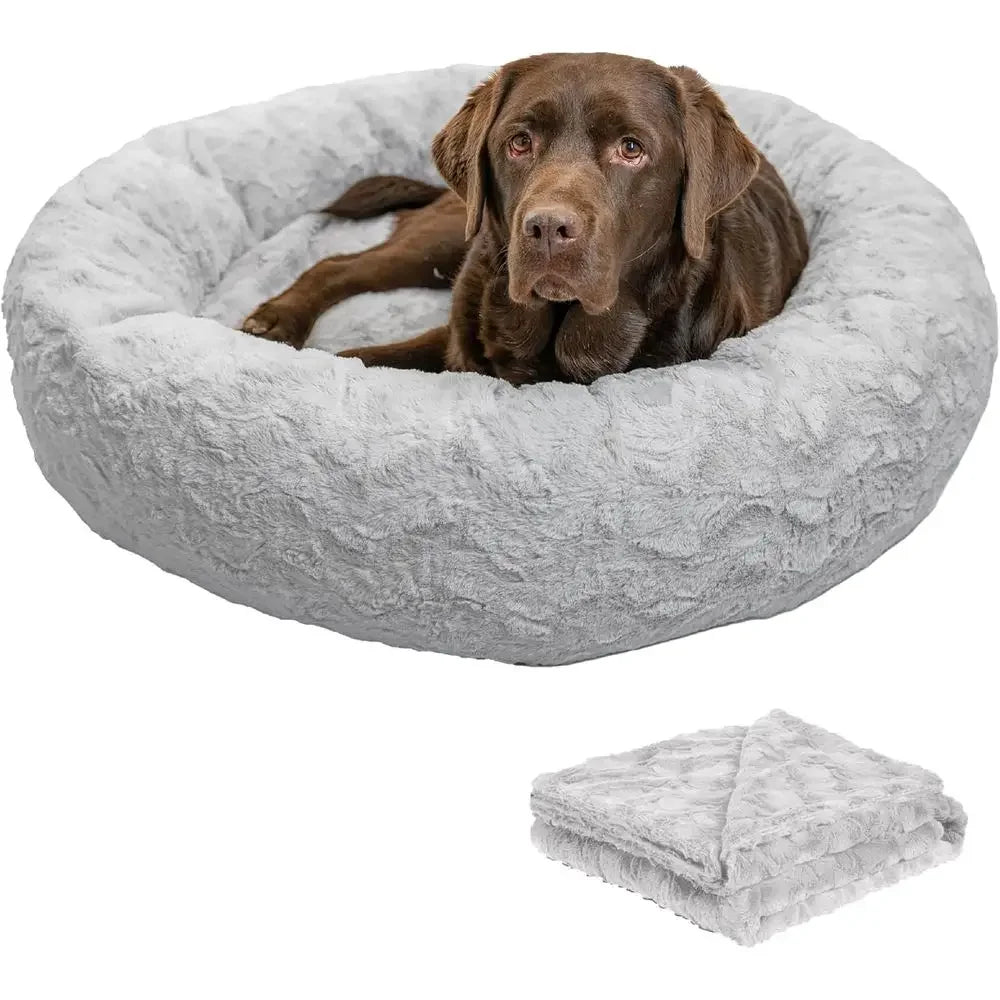 Luxury Calming Donut Cuddler Pet Bed with Throw Blanket, Gray, Large, 36x36 - Curl and Collar